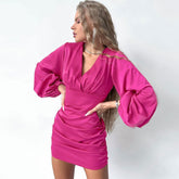Ärmel V-Ausschnitt Party Minikleid - Pink